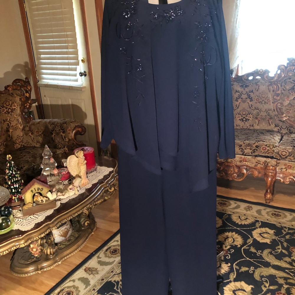 Glamorous Coldwater Creek 3 Piece Pant Suit S W18 Navy Blue Elegantly Beaded